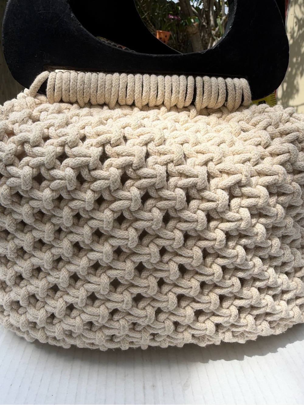Straw Studios Woven Cotton Rope Tote Bag Wooden Handles Cream Boho Beach Pur - Picture 2 of 4